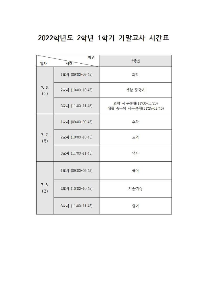 2022학년도 1학기 기말고사 시간표 :: 공지사항 :: 대구가톨릭대학교사범대학부속무학중학교 대구가톨릭대학교사범대학부속무학중학교... 