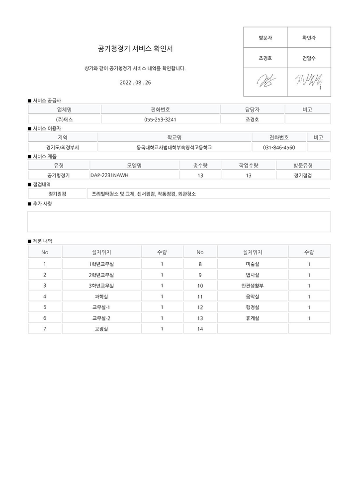 동국대학교사범대학부속영석고등학교 동국대학교사범대학부속영석고등학교 :: 가정통신문 :: [일반] 8월달 공기정화장치(청정기)유지관리확인서