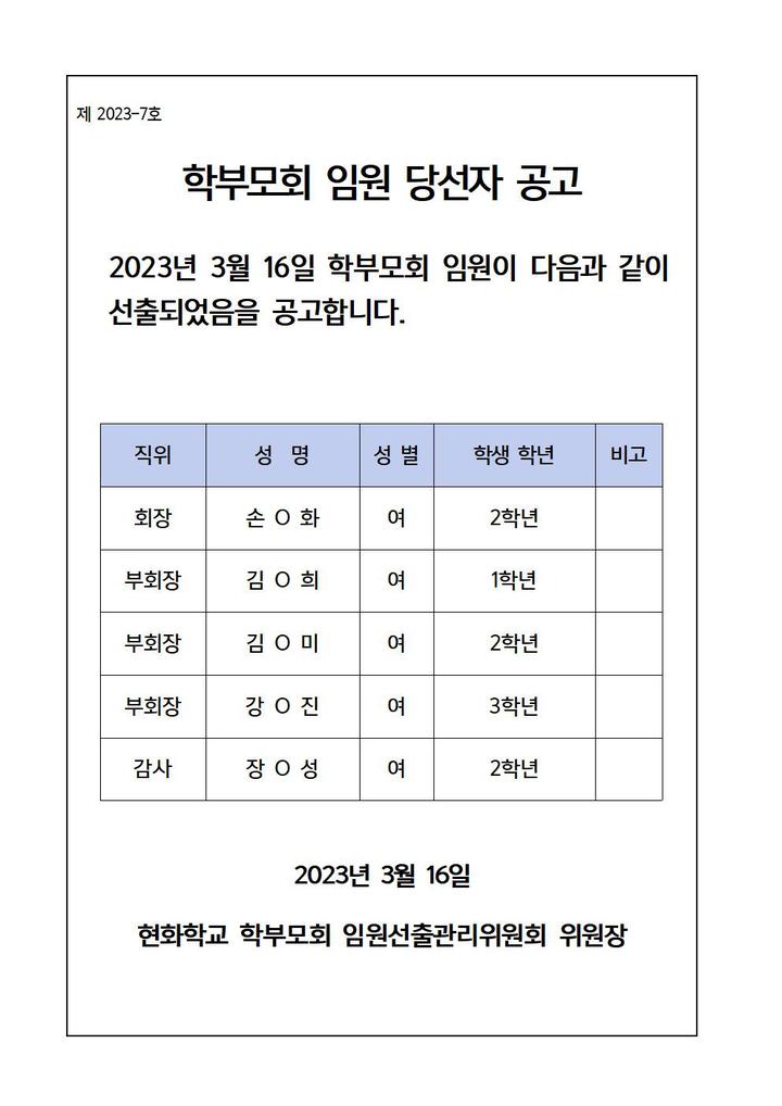 2023학년도 학부모회 임원 당선자 공고 :: 공지사항 :: 현화중학교 현화중학교 :: 공지사항 :: 2023학년도 학부모회 임원 당선자 공고