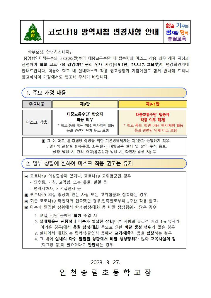 코로나19 방역지침 변경사항 안내 :: 가정통신문 :: 인천송림초등학교 인천송림초등학교 :: 가정통신문 :: 코로나19 방역지침 변경사항 안내