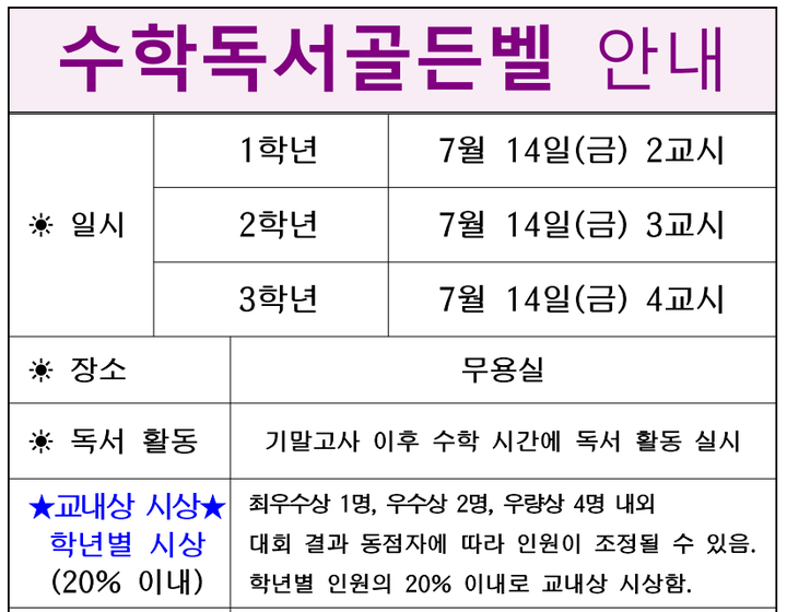 2023학년도 수학독서골든벨 안내 :: 공지사항 :: 금사중학교 금사중학교 :: 공지사항 :: 2023학년도 수학독서골든벨 안내