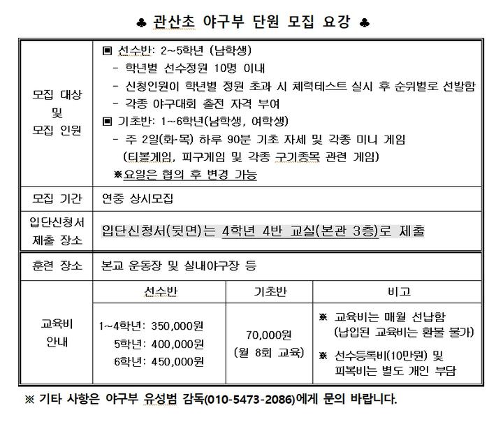[일반] 야구부 모집 안내 :: 공지사항 :: 관산초등학교 관산초등학교 :: 공지사항 :: [일반] 야구부 모집 안내