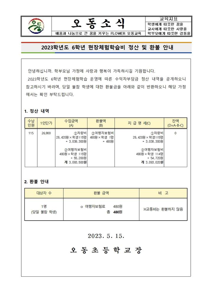 2023학년도 6학년 현장체험학습 정산보고 :: 가정통신문 :: 오동초등학교 오동초등학교 :: 가정통신문 :: 2023학년도 6학년 현장체험학습... 