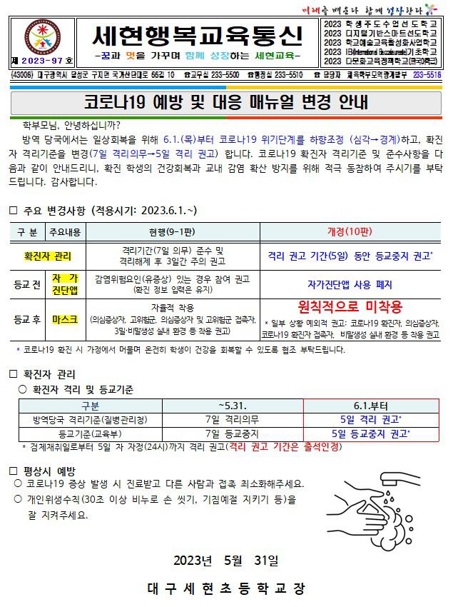 코로나19 예방 및 대응 매뉴얼 변경 안내 :: 가정통신문 :: 대구세현초등학교 대구세현초등학교 :: 가정통신문 :: 코로나19 예방 및 대응 매뉴얼... 