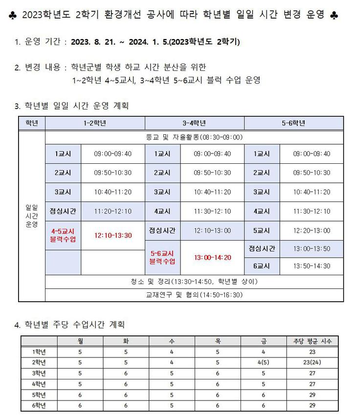 시간 변경 운영 :: 공지사항 :: 성림초등학교 성림초등학교 :: 공지사항 :: 2023학년도 2학기 환경개선 공사에 따라 학년별 일일 시간 변경 운영