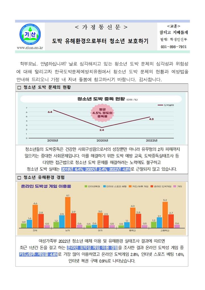 도박 유해환경으로부터 청소년 보호하기 :: 가정통신문 :: 기산중학교 기산중학교 :: 가정통신문 :: 도박 유해환경으로부터 청소년 보호하기