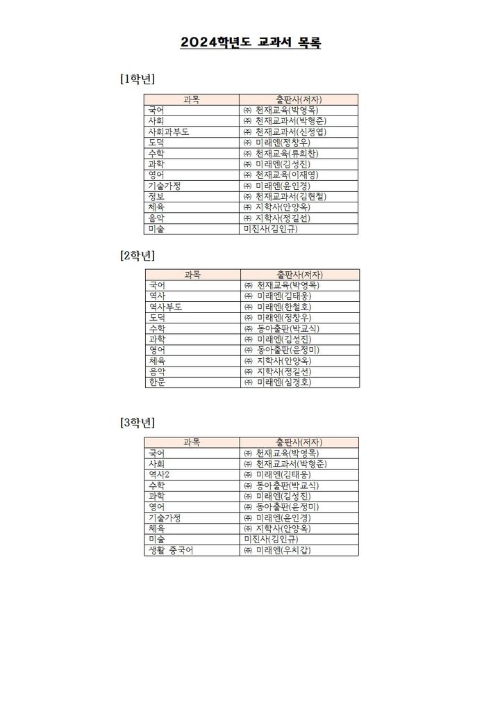 2024학년도 교과서 목록 :: 공지사항 :: 매홀중학교 매홀중학교 :: 공지사항 :: 2024학년도 교과서 목록
