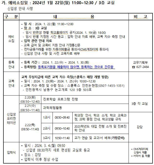 2024학년도 신입생 예비소집 안내 및 임시 반편성 :: 공지사항 :: 인천남동고등학교 인천남동고등학교 :: 공지사항 :: 2024학년도 신입생... 