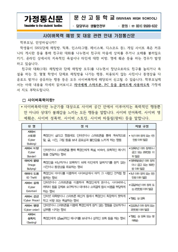 사이버폭력 예방 및 대응 안내 :: 가정통신문 :: 문산고등학교 문산고등학교 :: 가정통신문 :: 사이버폭력 예방 및 대응 안내