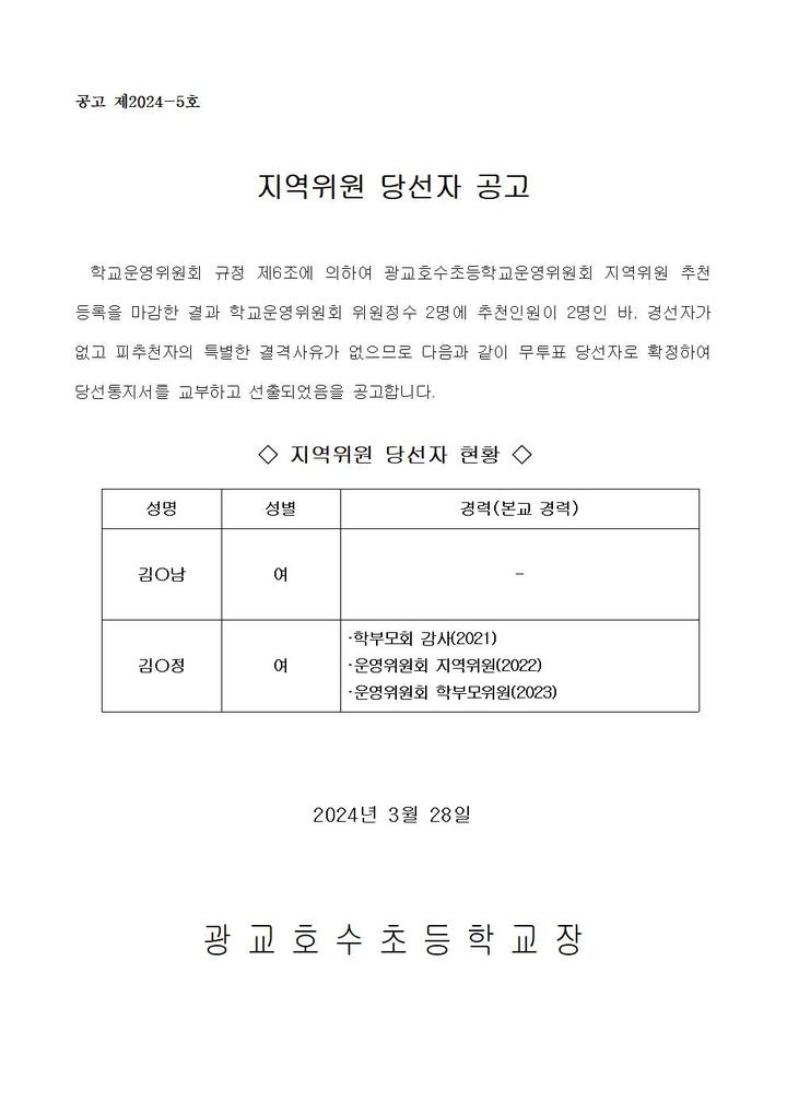 학교운영위원회 지역위원 당선자 공고 :: 공지사항 :: 광교호수초등학교 광교호수초등학교 :: 공지사항 :: 학교운영위원회 지역위원 당선자 공고