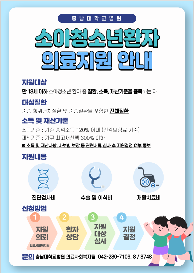 충남대학교병원 소아 청소년 환자 의료지원사업 안내 :: 공지사항 :: 대전고등학교 대전고등학교 :: 공지사항 :: 충남대학교병원 소아 청소년 환자... 