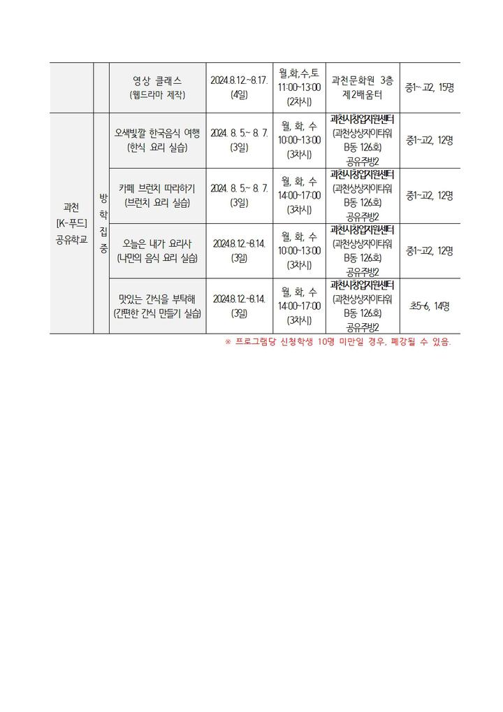 [과천교육지원센터]2024 과천미리내공유학교 [8월] 프로그램 학생 추가 모집 안내 :: 가정통신문(교육청) :: 동안고등학교 동안고등학교... 