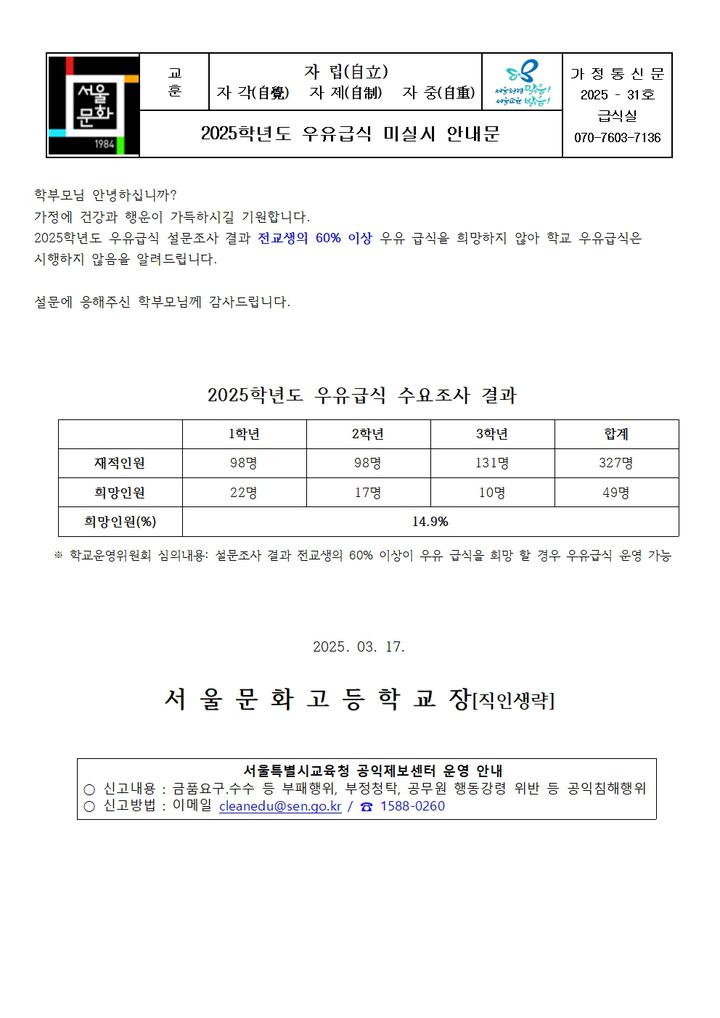 2025-31호 2025학년도 우유급식 미실시 안내문 :: 가정통신문 :: 서울문화고등학교 서울문화고등학교 :: 가정통신문 :: 2025-31호 2025학년도... 